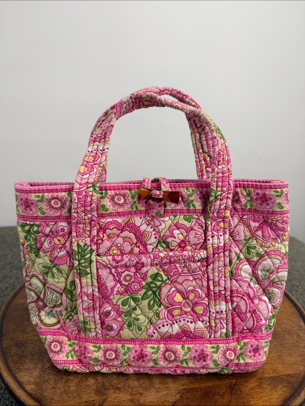 Vera Bradley Bag Petal Pink Mini Tote Quilted Cotton Green Top Handle Toggle